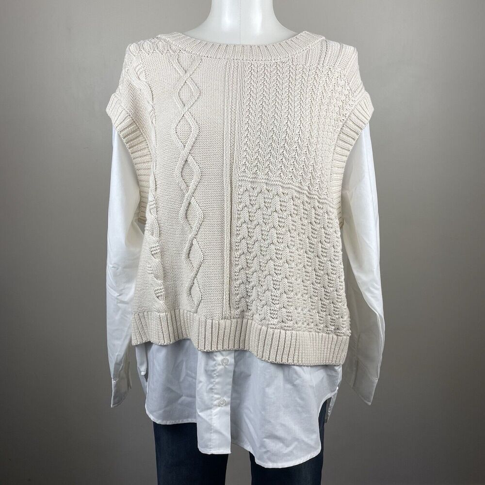 By Together Preppy Academia Ivory M Collared Sweater vest Dress Shirt Tunic Art